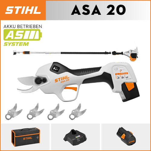 STIHL ASA20*1, bateria de lítio*1, caixa de armazenamento*1, cabeça de corte*5, carregador*1, poste telescópico*1