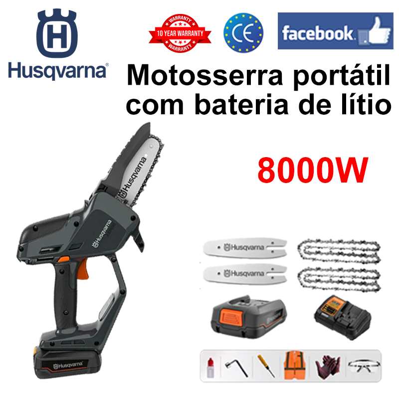 (Duração da bateria de 10 horas) Motosserra de lítio 8000W + bateria * 1 + carregador + placa guia * 2 + corrente * 2 + caixa de ferramentas + lubrificante + proteção de óculos, garantia de 3 anos