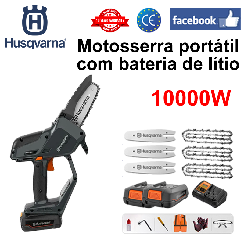 (16 horas de duração da bateria) Motosserra de lítio 10000W + bateria * 2 + carregador + placa guia de luz * 3 + corrente * 3 + caixa de ferramentas + lubrificante + proteção de óculos, garantia de 3 anos