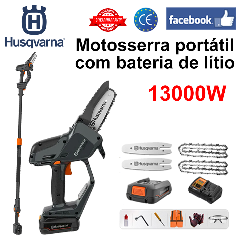 [Poste de extensão: 1,5M ~ 4,6M] Visor de energia LED - (10 horas de vida útil da bateria) Motosserra de lítio 13000W + bateria * 1 + carregador + placa guia * 2 + corrente * 2 + caixa de ferramentas + lubrificante + óculos de proteção, 3 anos de garantia